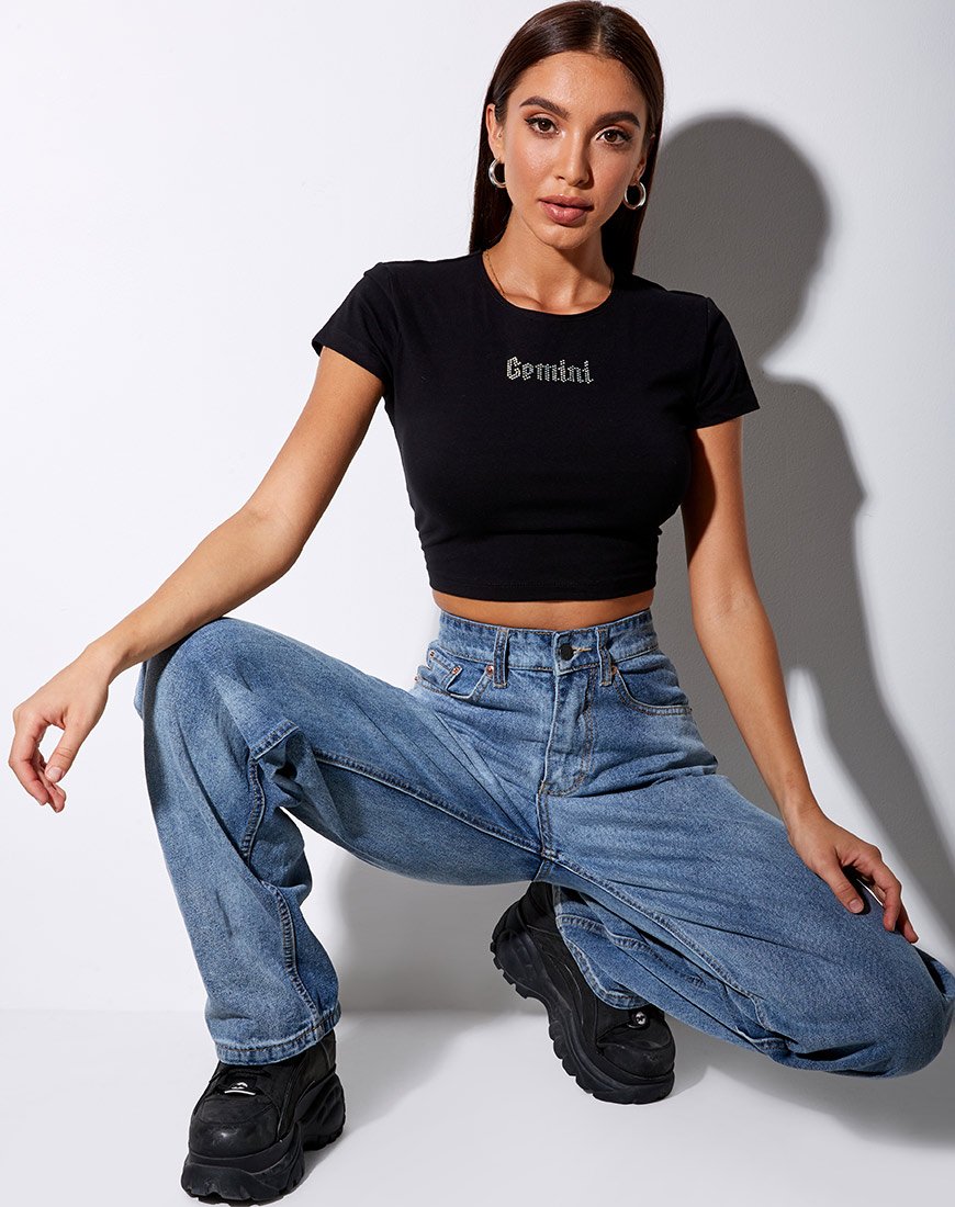 Tiney Crop Tee en noir 'Gemini' Diamante