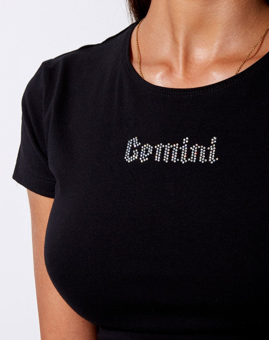 Tiney Crop Tee en noir 'Gemini' Diamante