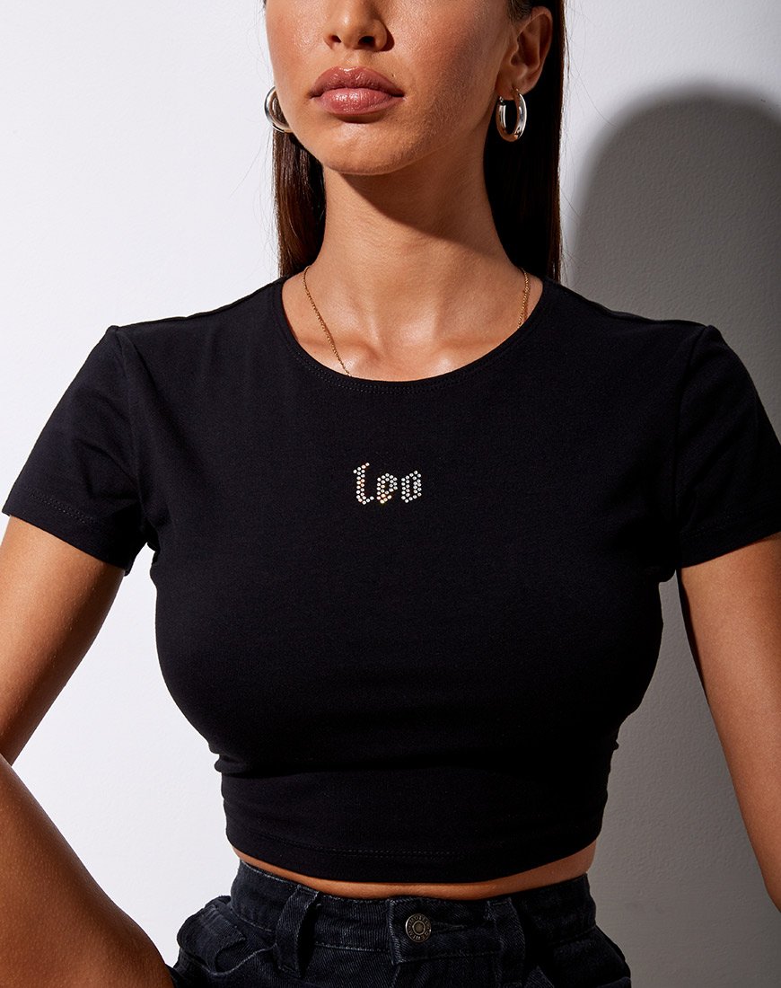 Tiney Crop Tee en noir 'Leo' Diamante