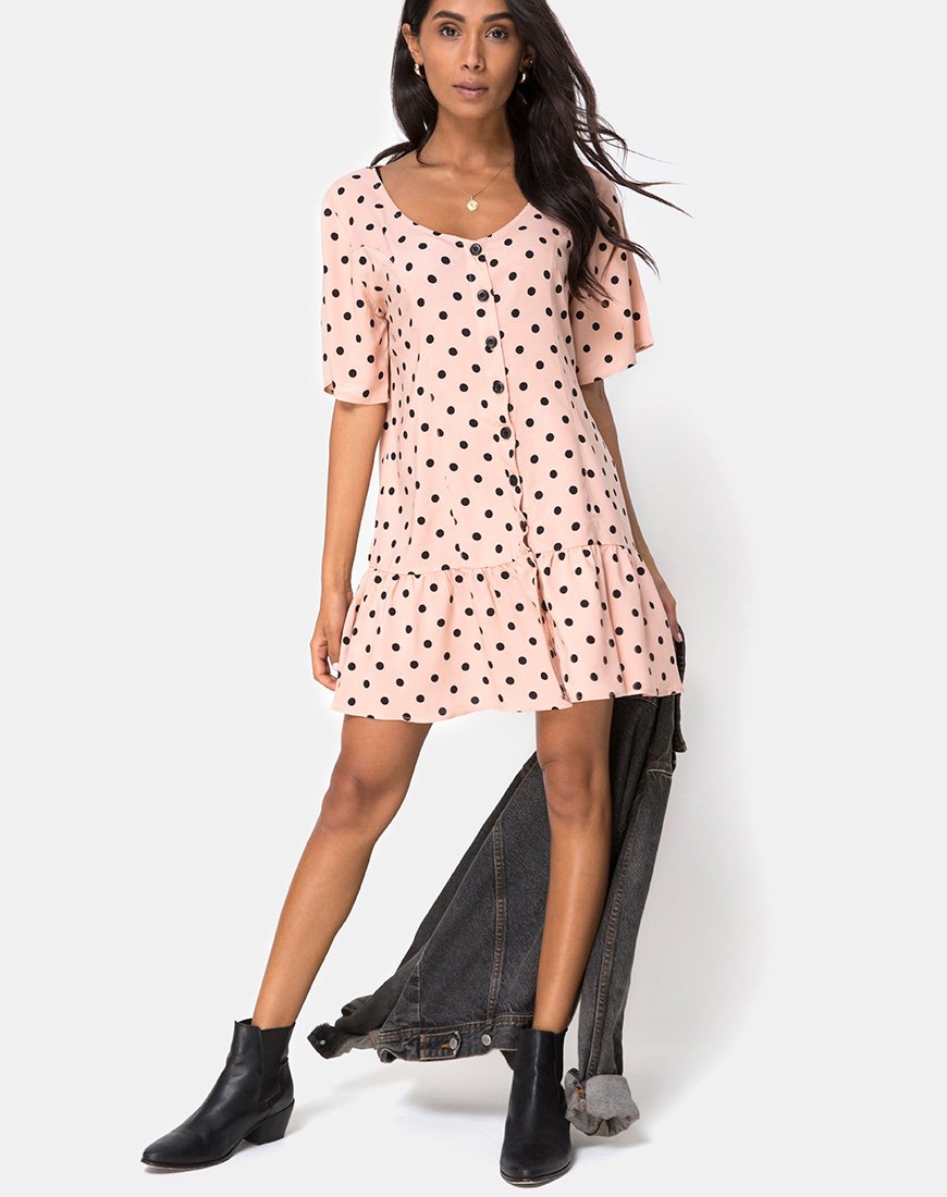 Image of Tisha Babydoll Dress in New Polka Nude Black