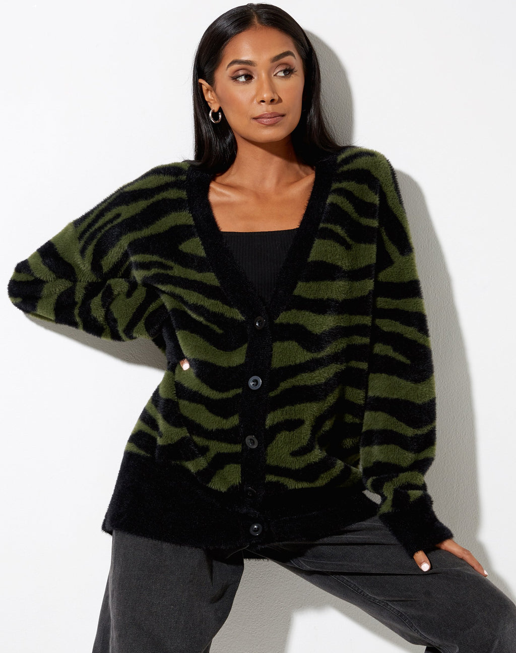 Caraco Uriela en tricot zébré olive et noir