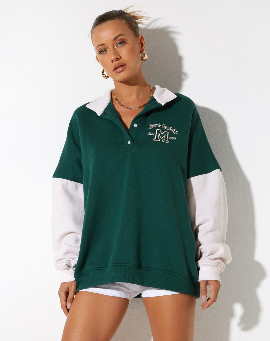 Varsity Oversized Jacket in Forest Green Winter White Sport Society