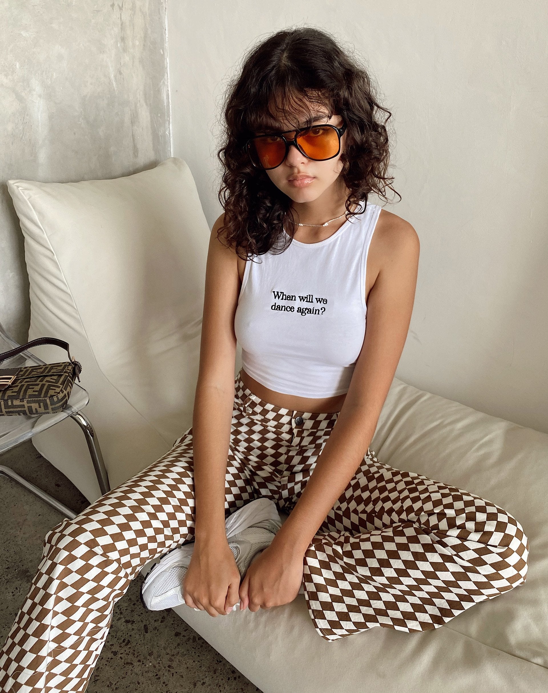 Image of Zoven Flare Trouser in Diagonal Checker Tan and Ivory