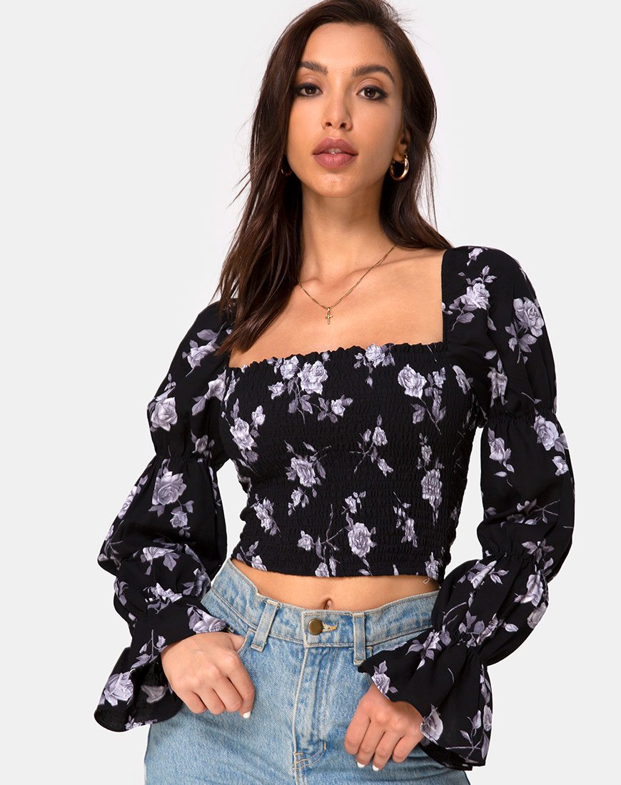 Top Velina en blanc rose noir