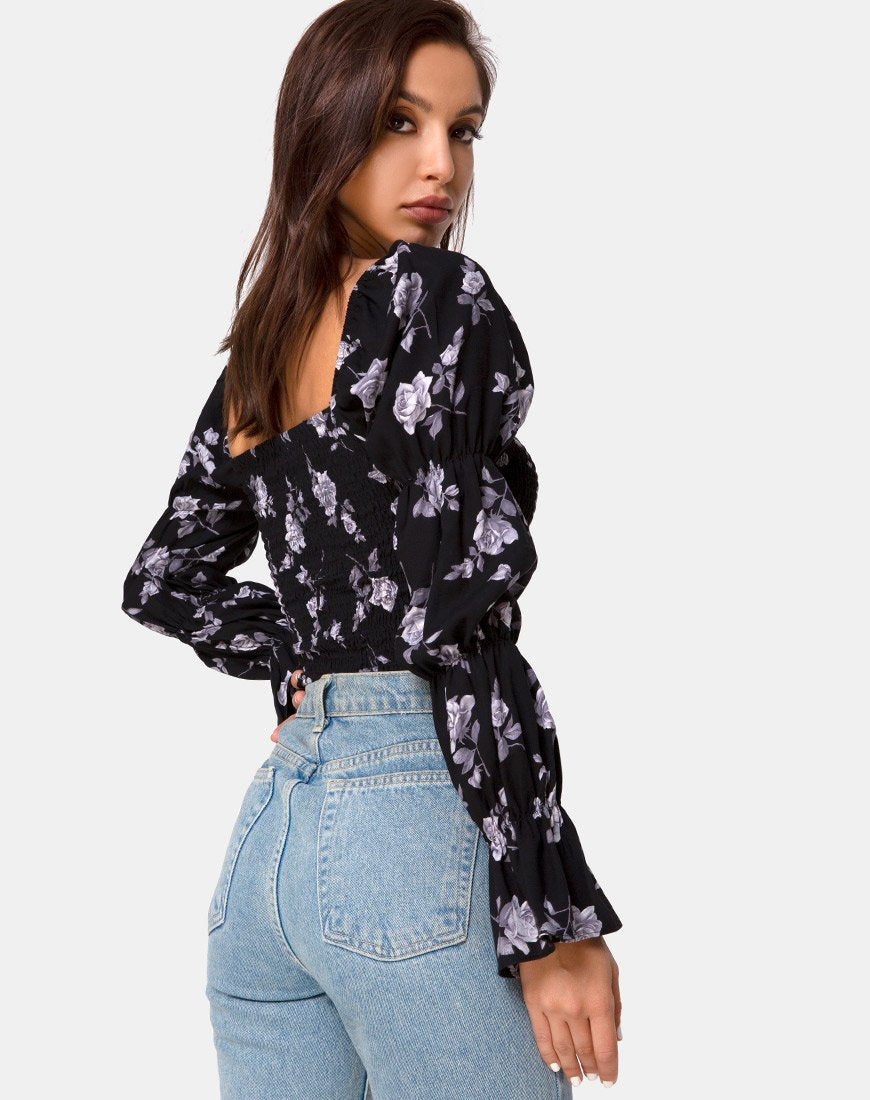 Top Velina en blanc rose noir