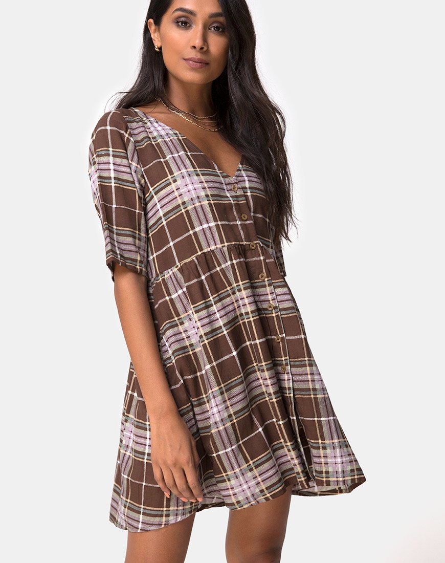 Verren Babydoll Dress in Tartan Brown (robe nuisette en écossais)