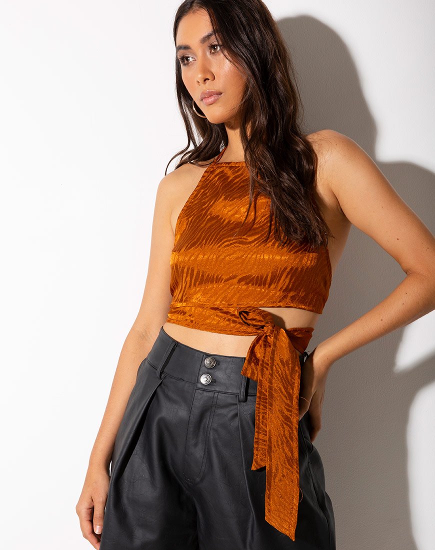 Image de Vhan Crop Top en satin Zebra Golden Coral