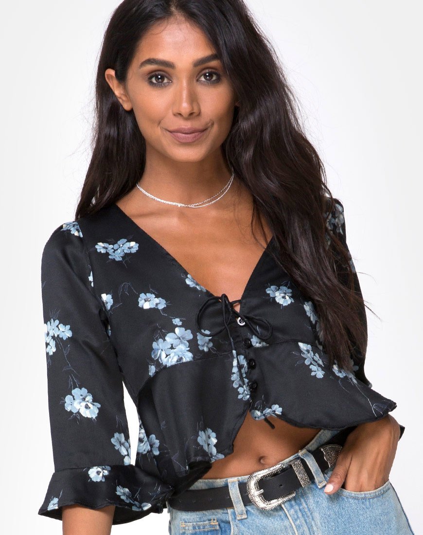 Top Vinequa en satin Mono Flower Black