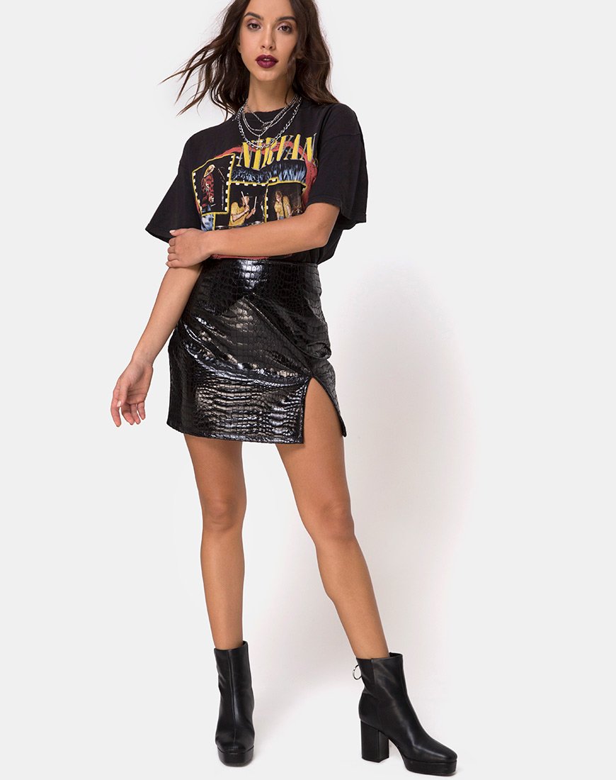 Image de la jupe Wave en PU Croco Noir