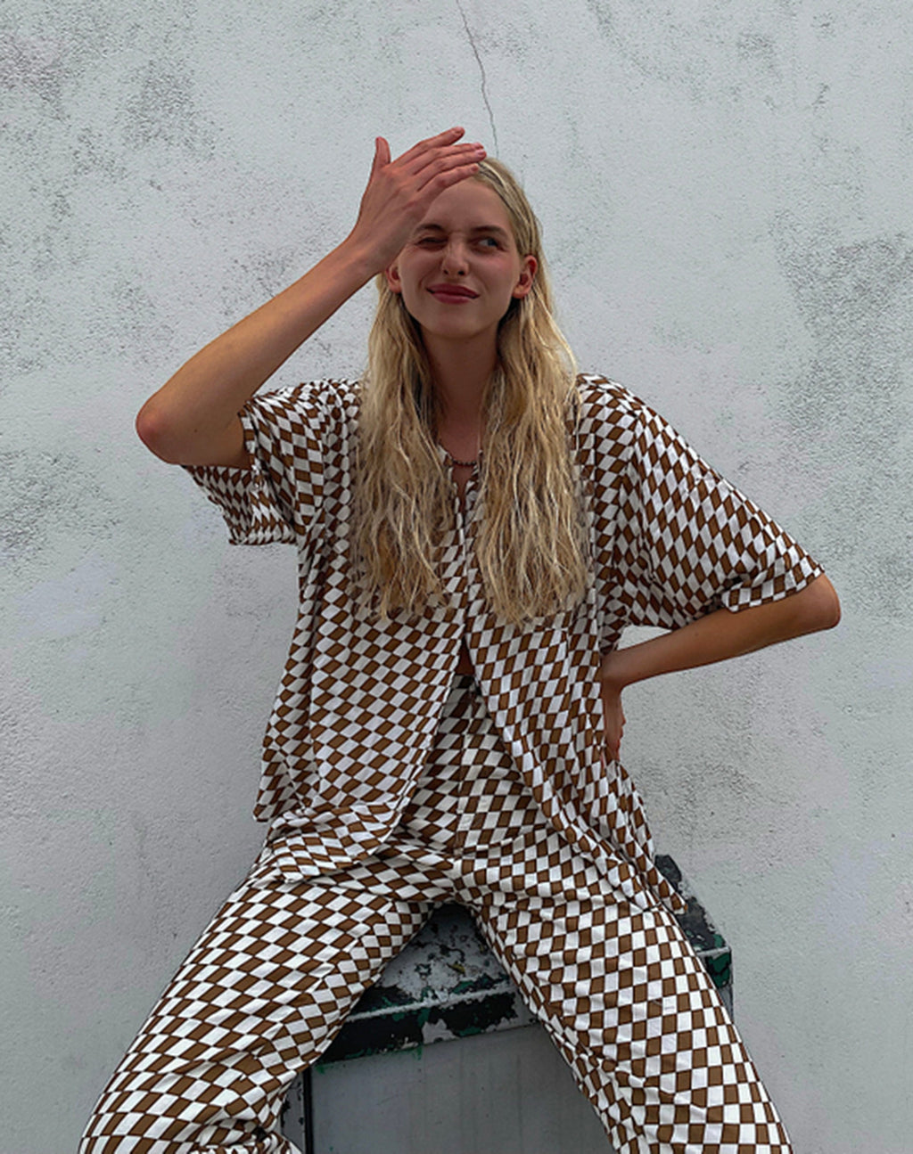 Robe chemise Fresia à carreaux diagonaux Tan et Ivory