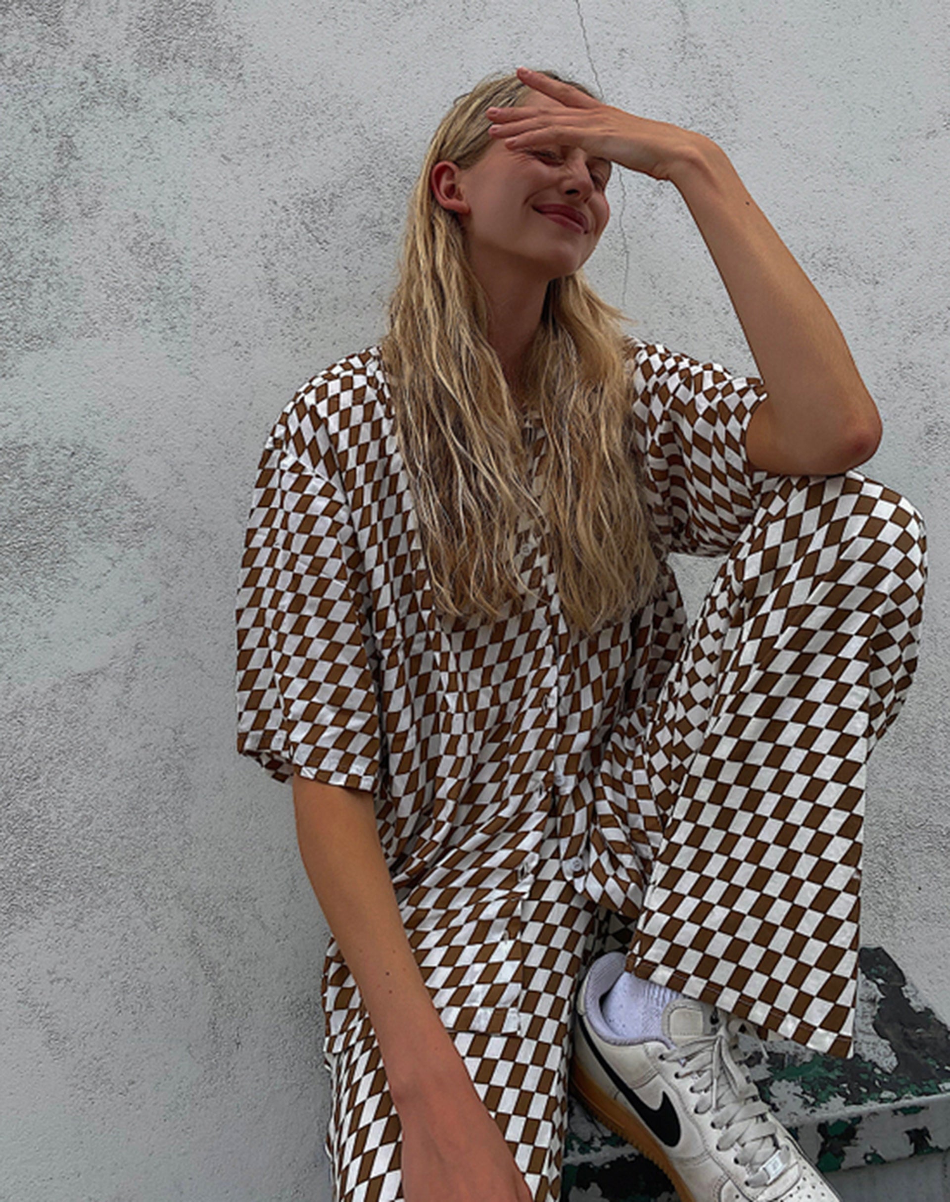 Image de Fresia Robe chemise à carreaux diagonaux Tan et Ivory