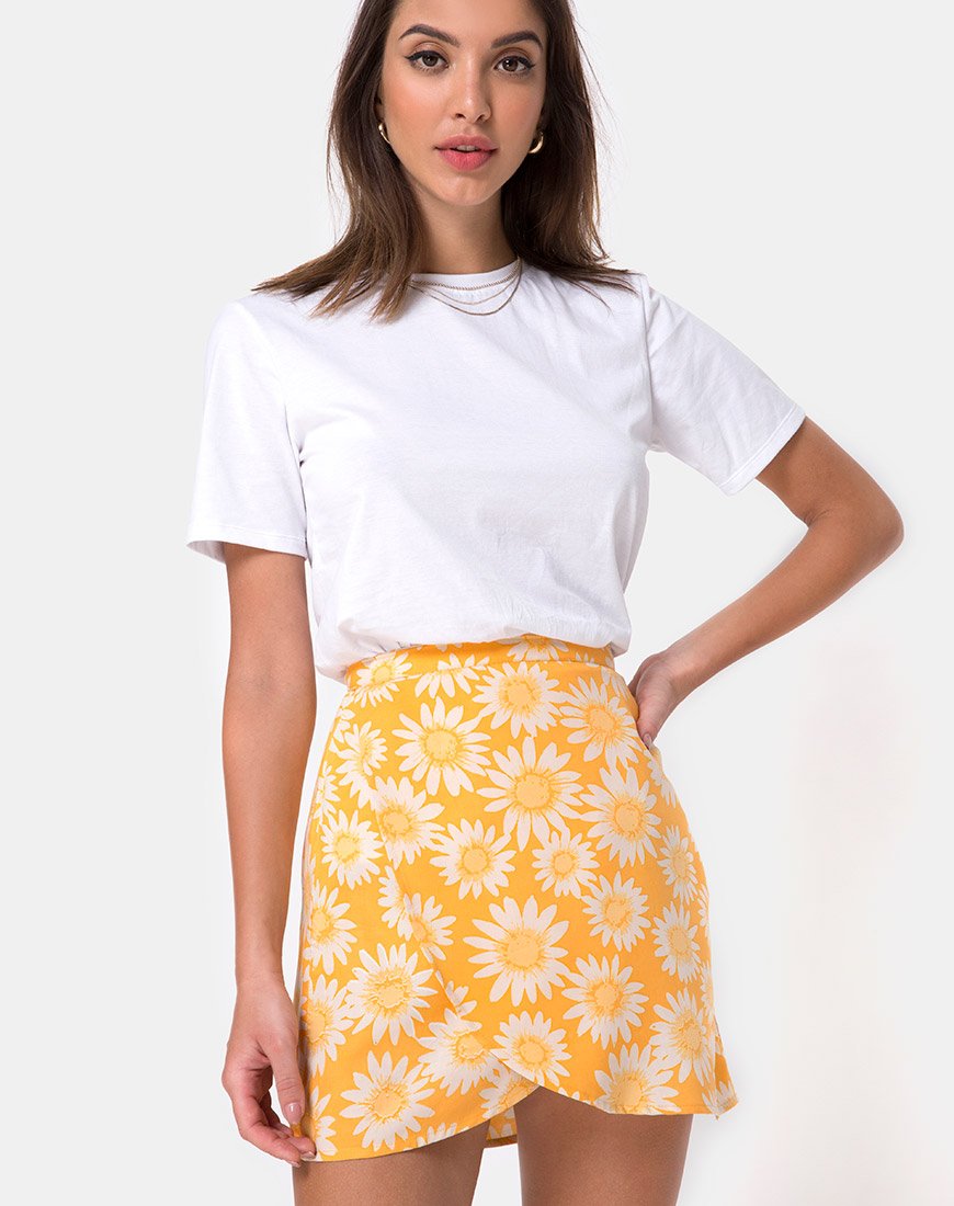 Jupe portefeuille Derla, jaune floral ensoleillé