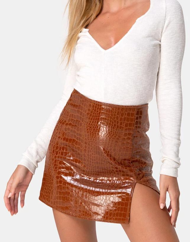 Image de la mini-jupe Wren en PU Croco Brown