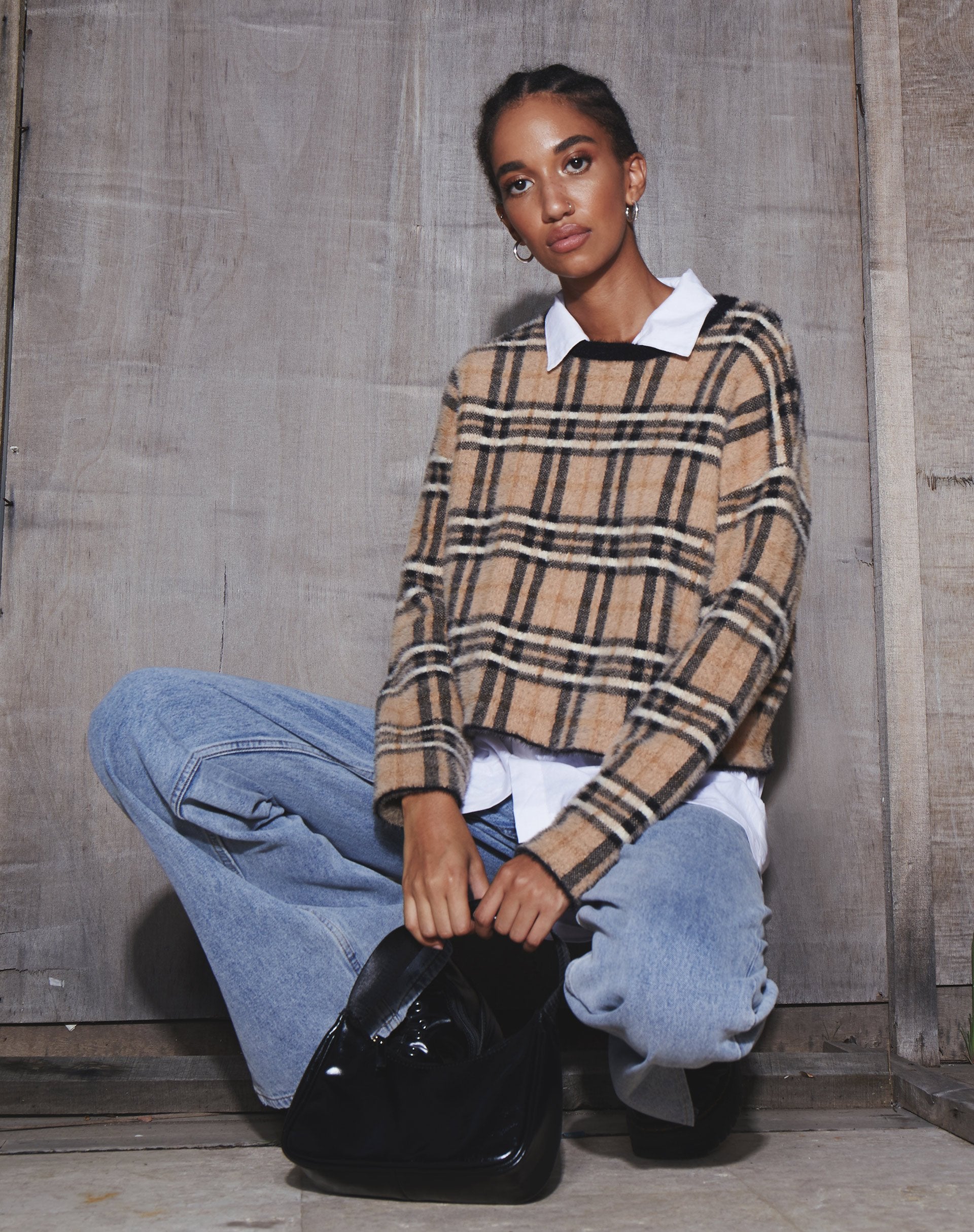 Image de Oki Jumper en tricot crème à carreaux noirs et blancs