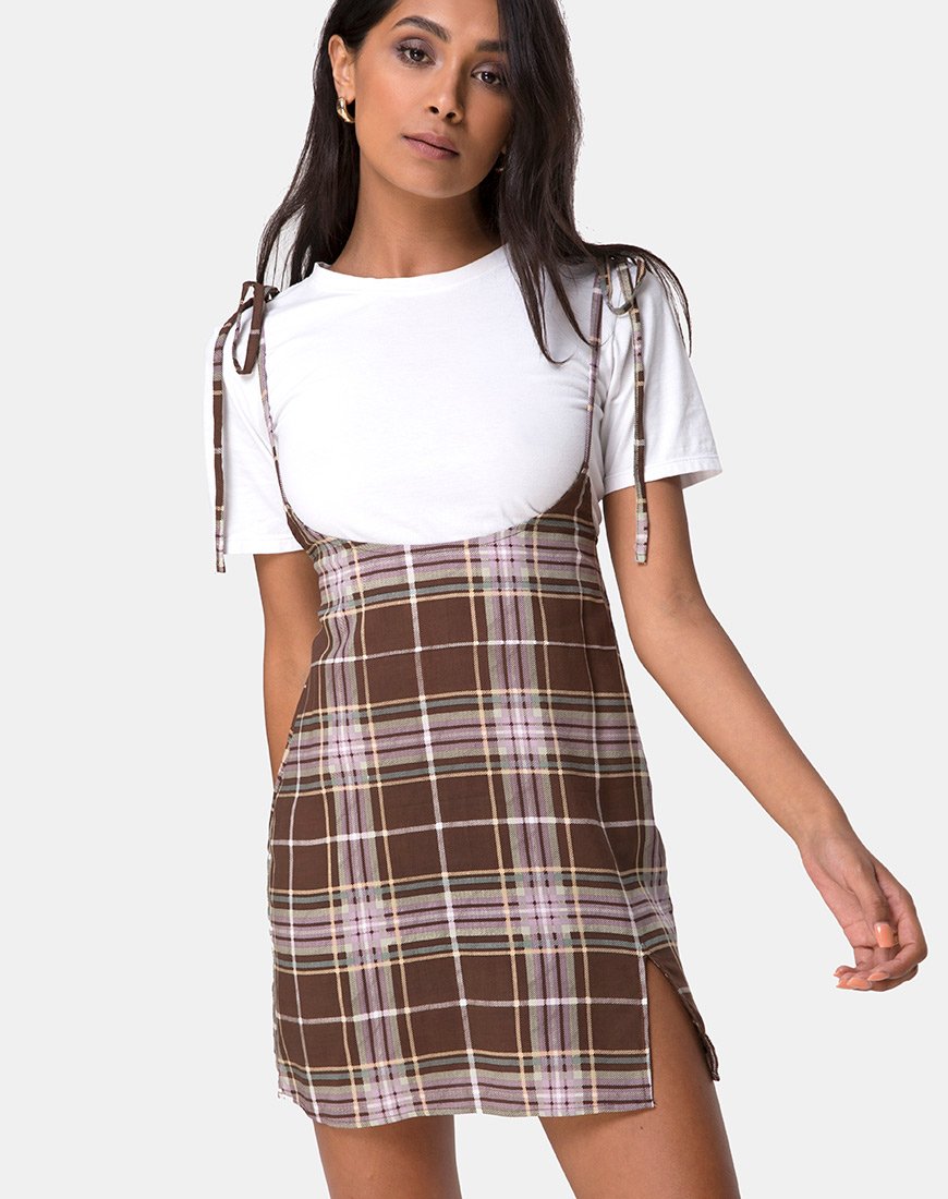 Mini robe Yelca en tartan marron