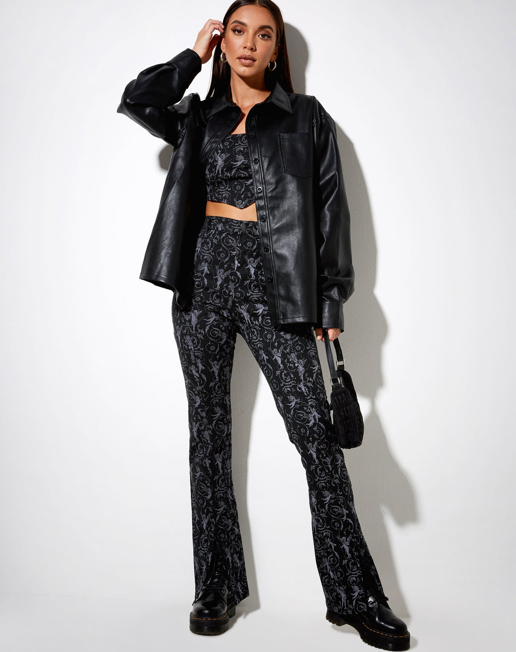 Pantalon évasé Zabby, noir et gris chérubin baroque