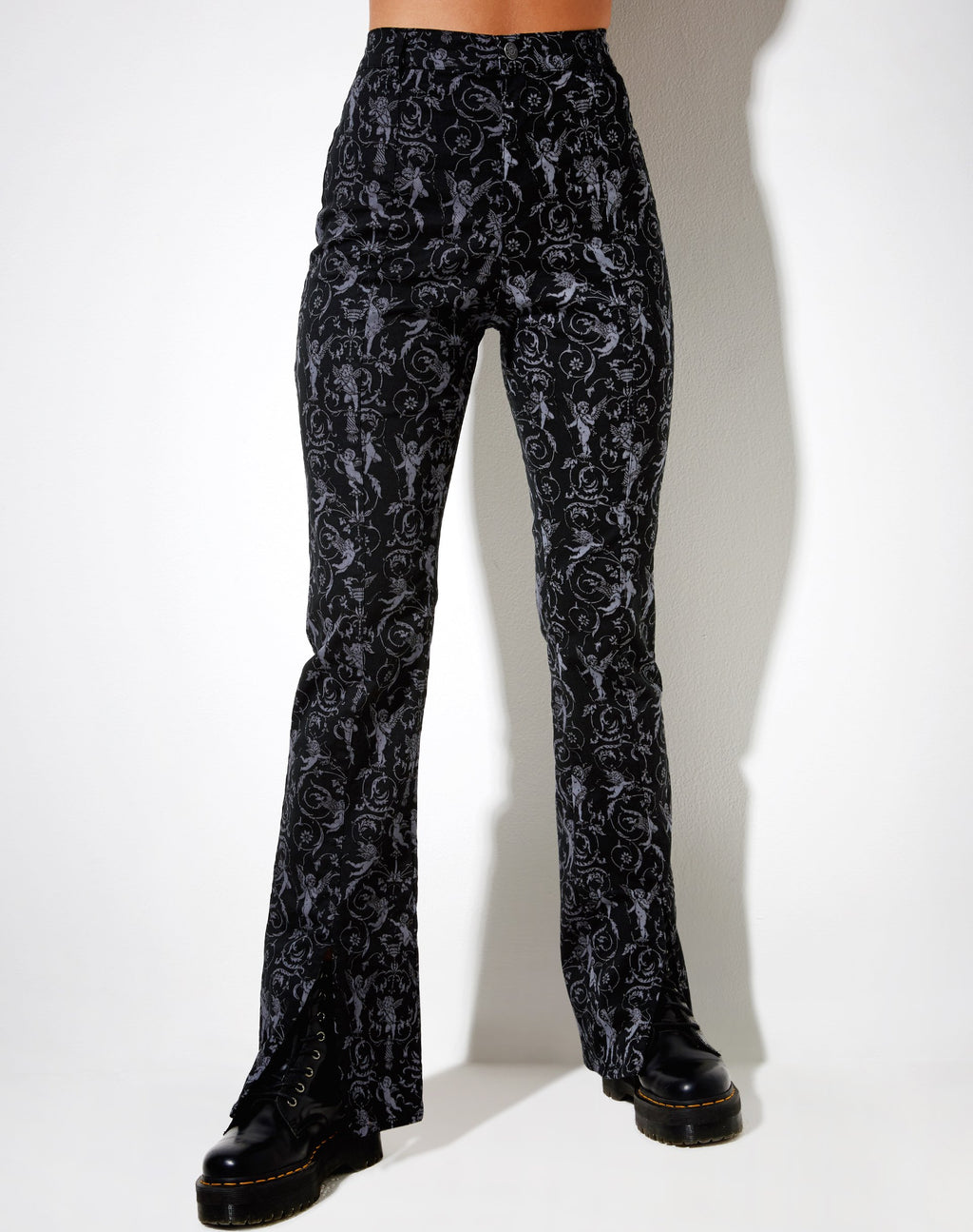 Pantalon évasé Zabby, noir et gris chérubin baroque