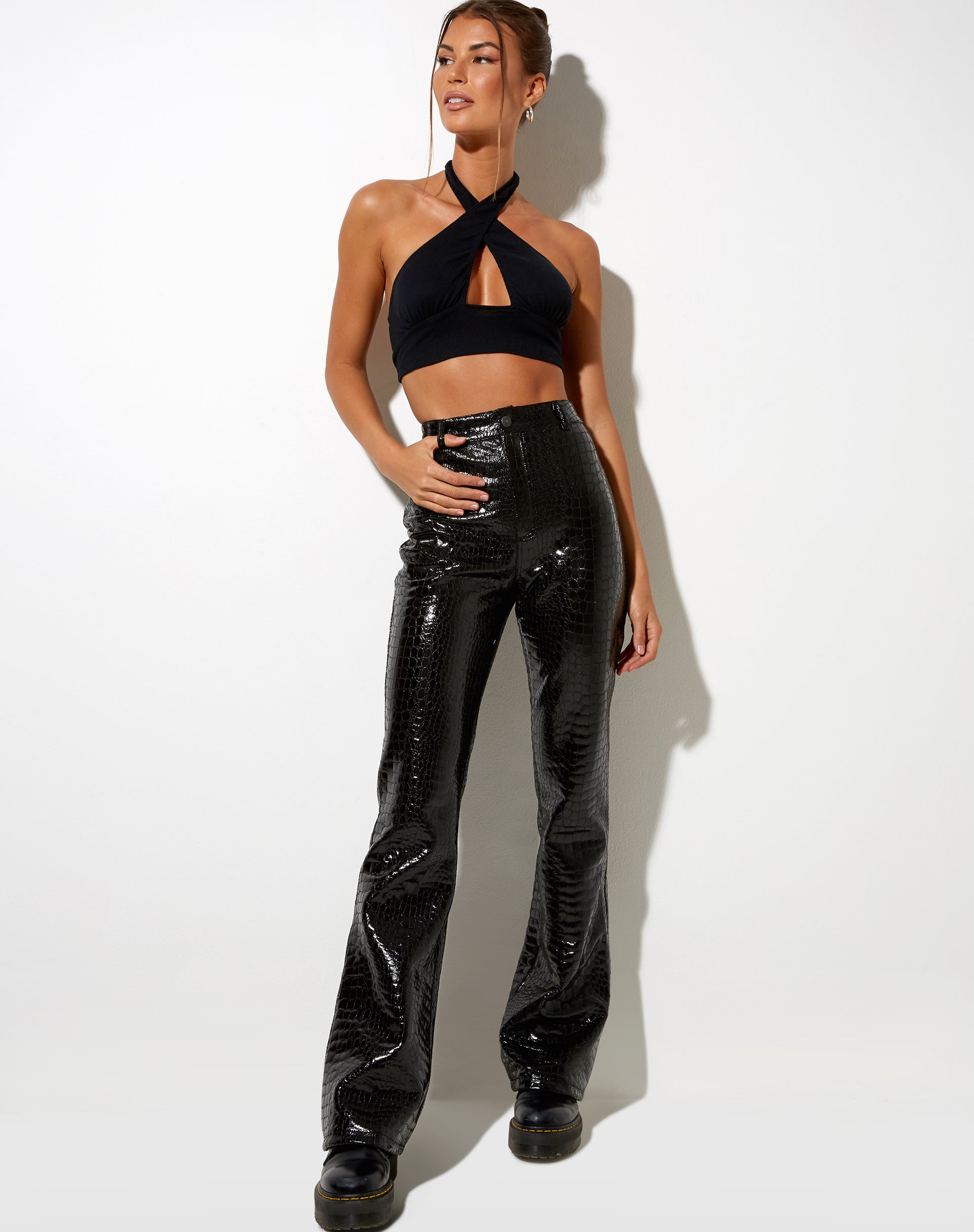 Image de Zoven Flare Trouser in Croc PU Black