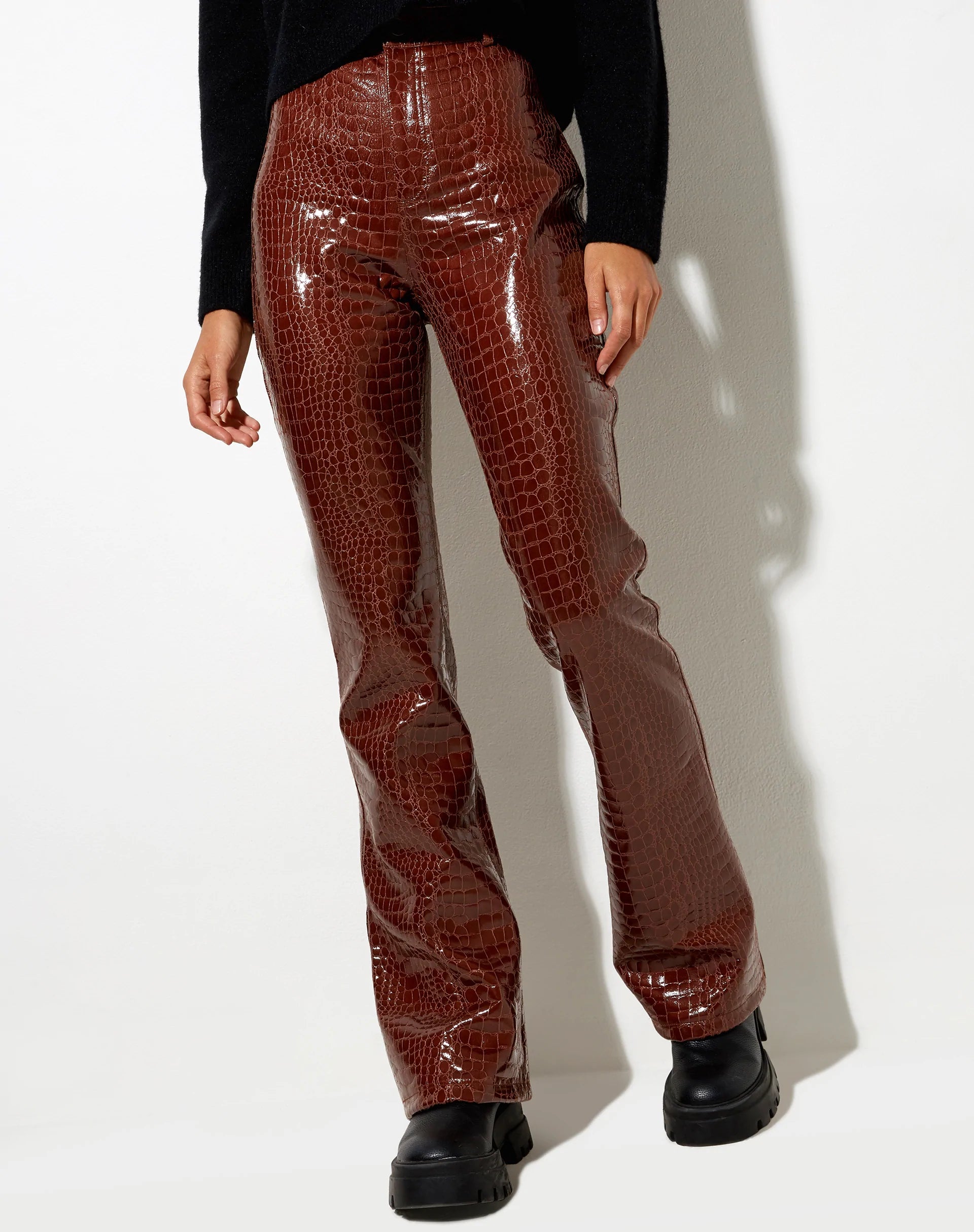 Image de Zoven Flare Trouser in Croc PU Brown