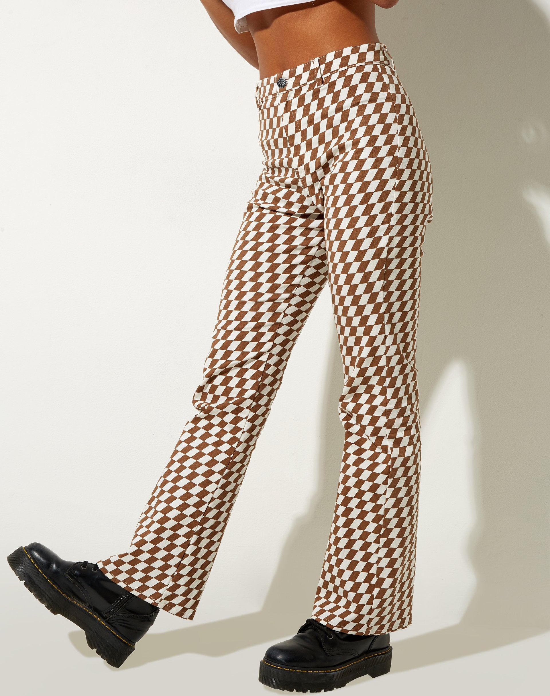 Image of Zoven Flare Trouser in Diagonal Checker Tan and Ivory