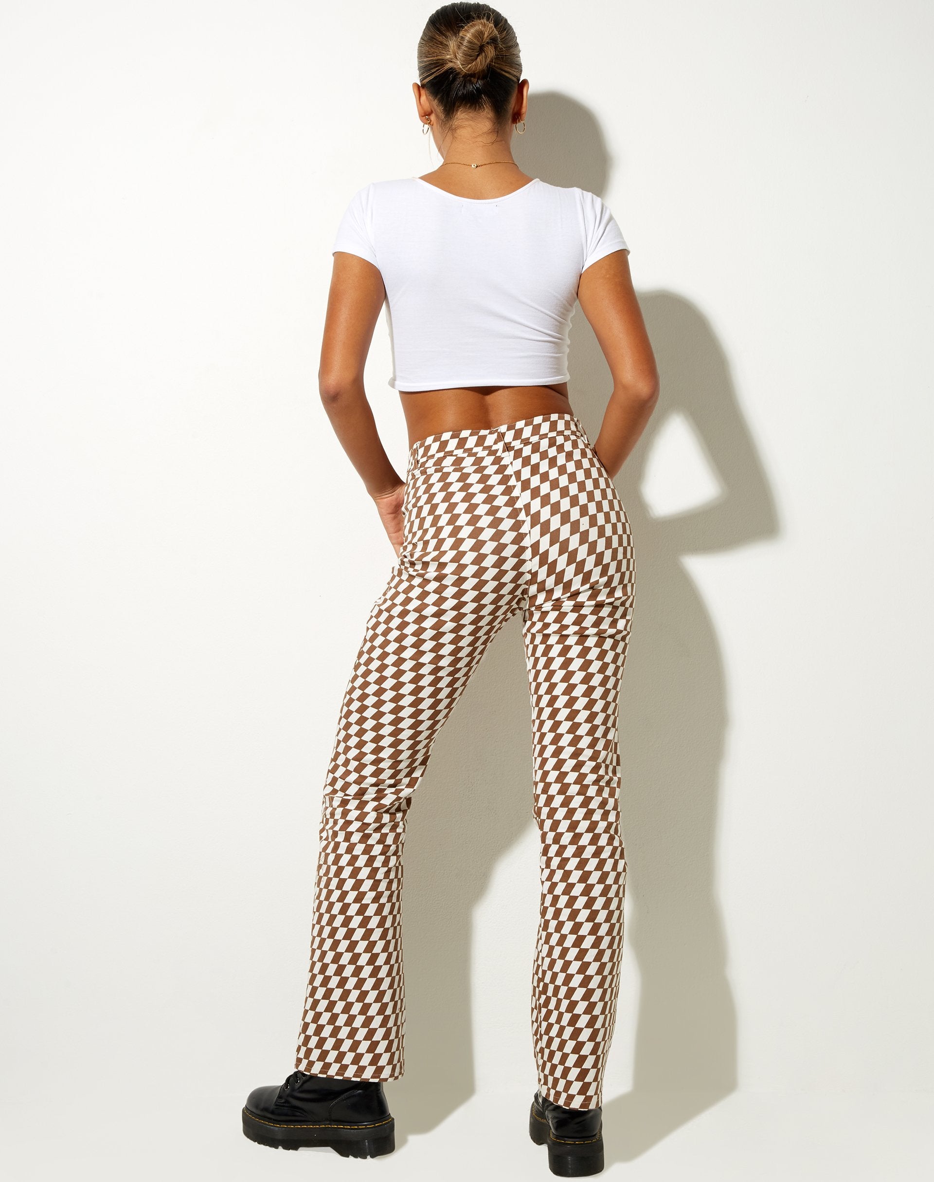 Image of Zoven Flare Trouser in Diagonal Checker Tan and Ivory
