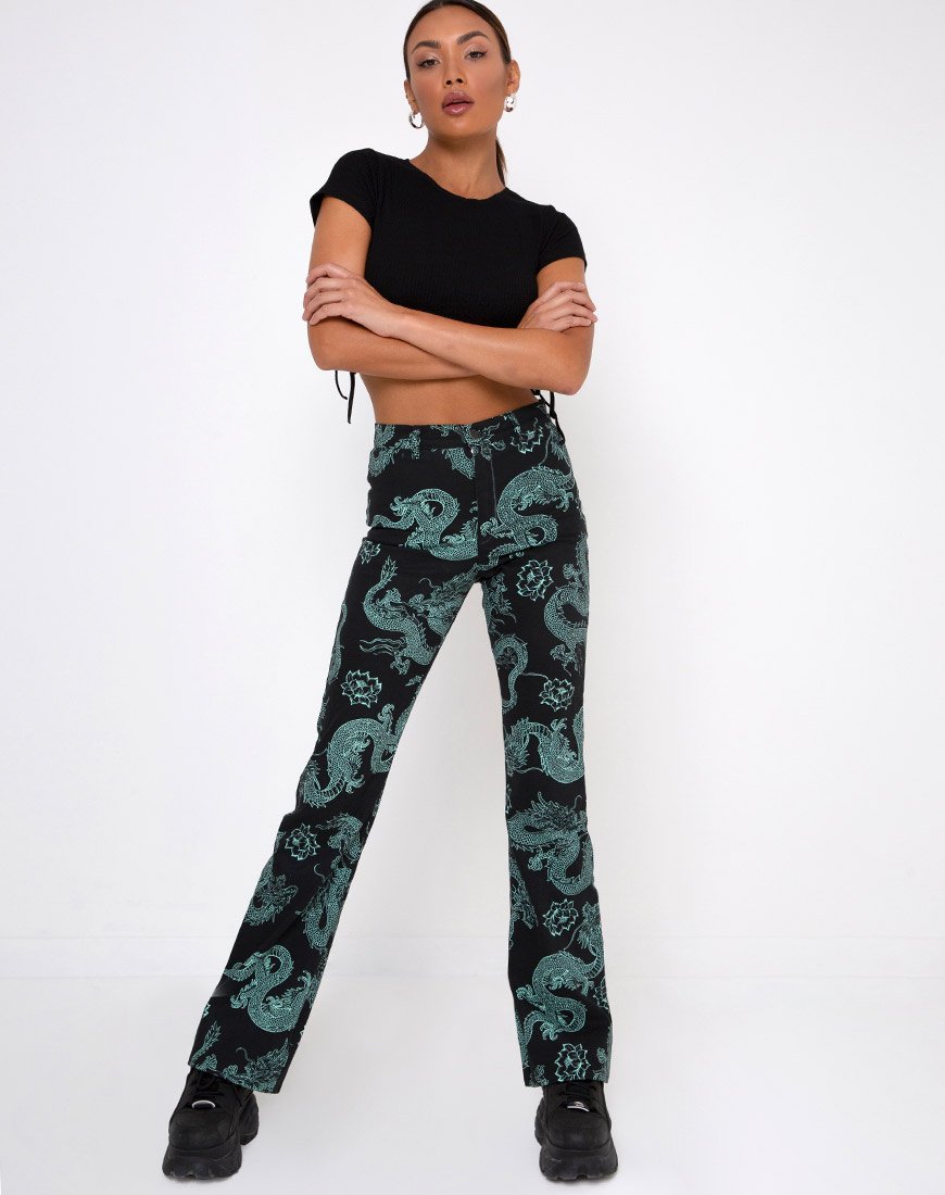 Pantalon Zoven en Dragon Flower noir et menthe