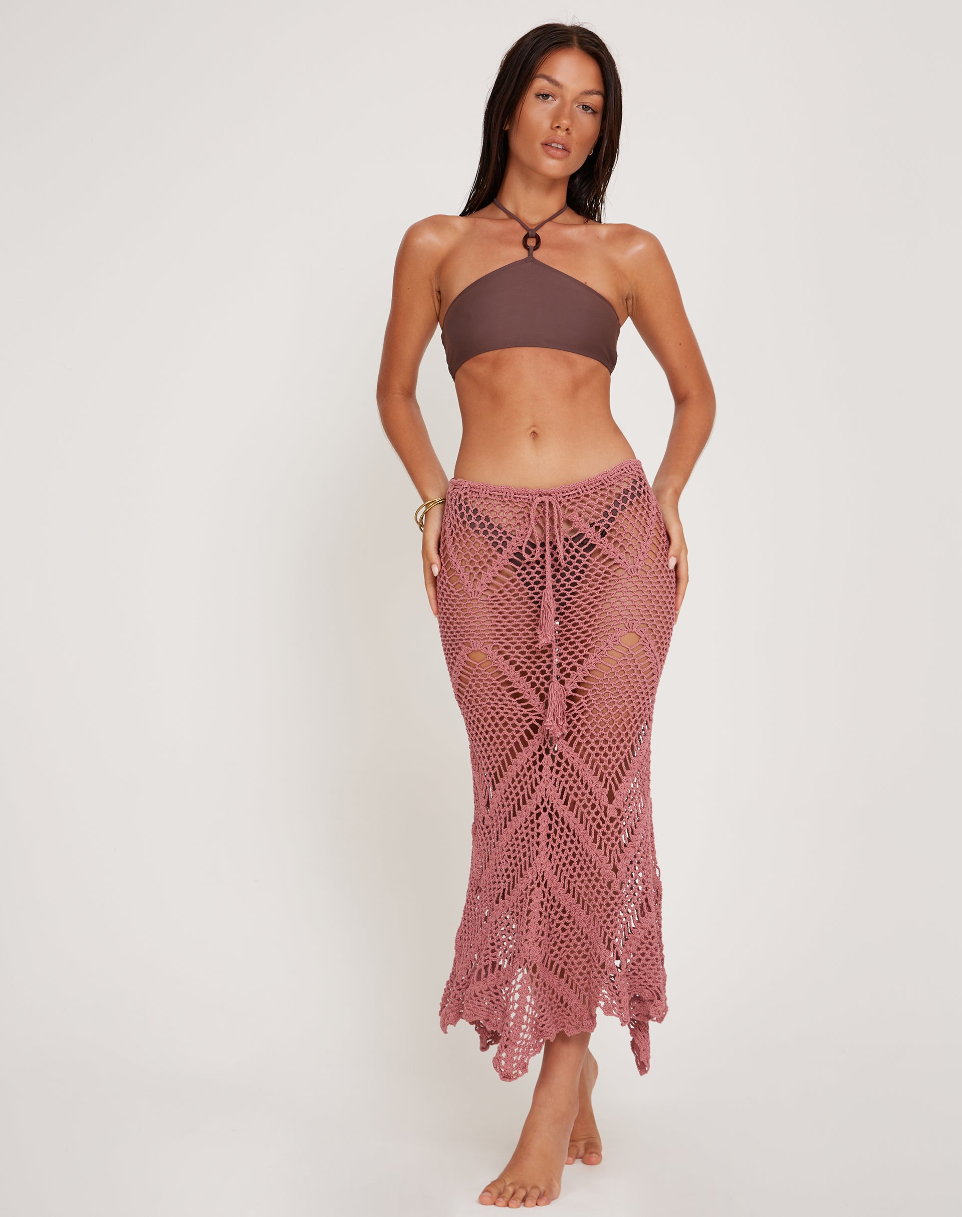 Image de Riyati Crochet Midi Waterfall Skirt in Mauve