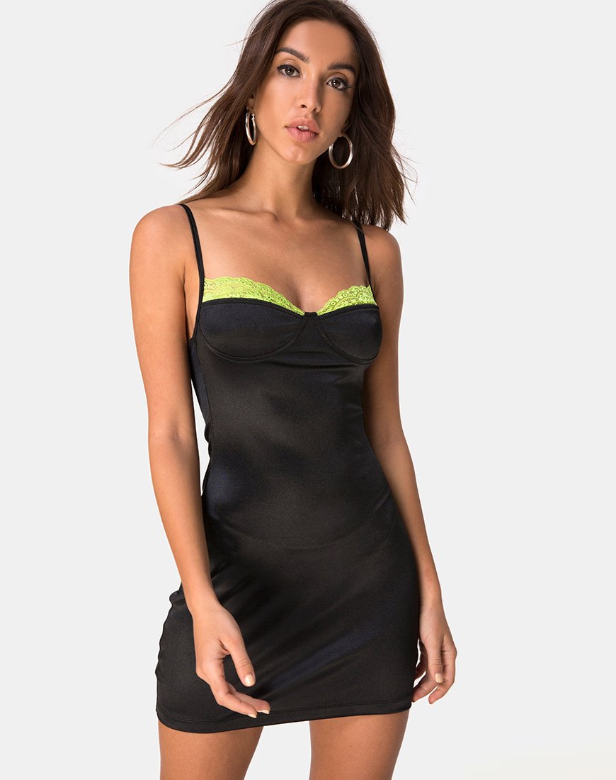 Lesty Bodycon Dress in Black with Lime Lace (Robe bodycon en noir avec dentelle à la chaux)