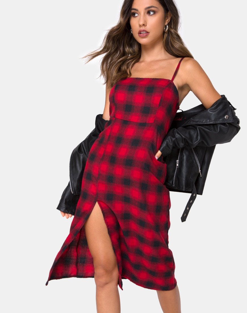 Robe Kaoya en tissu écossais rouge et noir